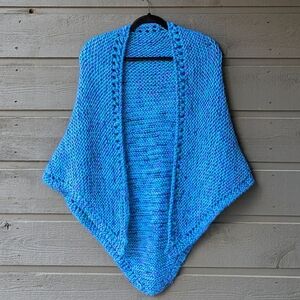 Handknit Marled Aqua Blue Large Triangle Shawl Scarf